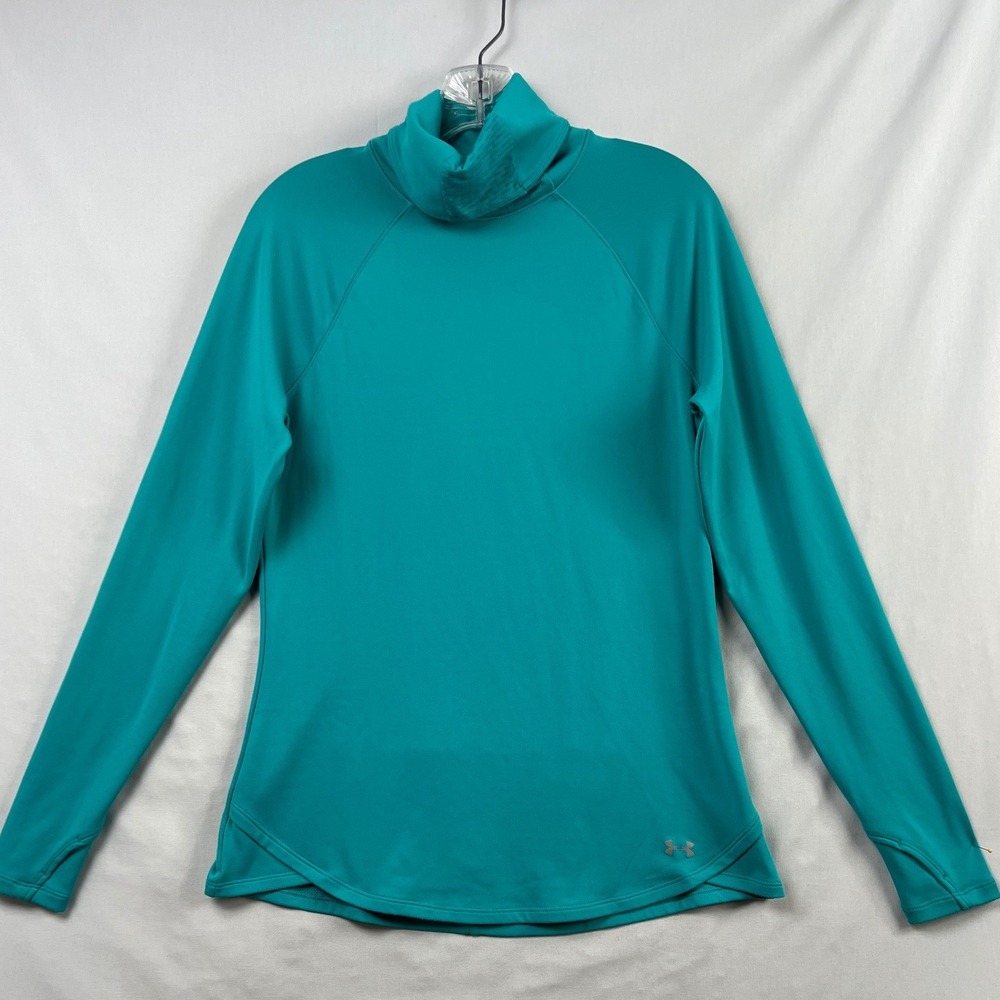 Under Armour ColdGear Top Womens Large Teal Mock Neck Thumbhole Running Pullover